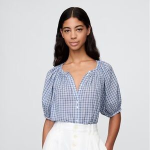 NWT Gap × DÔEN Gingham Blouse Top Light Blue Check M